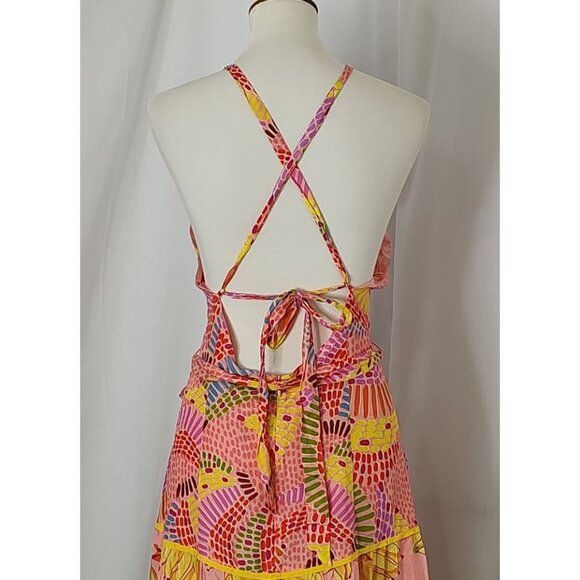 FARM Rio Maxi Dress XL Mixed Prints Floral Tiered Strappy Halter Pink - Picture 9 of 16